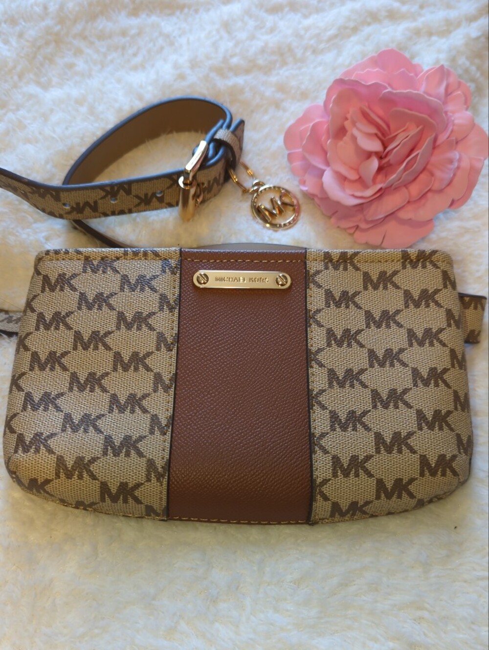 Michael Kors Beige Signature Logo Crossbody Belt Bag S with MK Gold Charm